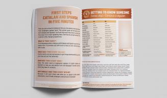 Image of the "Catalan and Spanish in five minutes. First steps" coursebook open at an inside page.